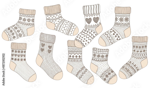 Hand drawn Christmas knitted socks vector illustration set