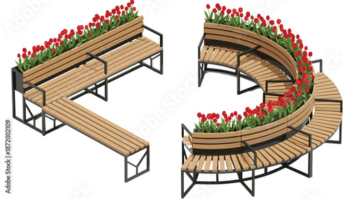 Urban bench design with flower planters, public seating furniture, green space integration, modern outdoor illustration, eco-friendly vector set