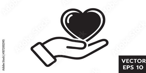 Heart in hand vector icon, love and care symbol, outline and filled style, clean black line and solid design, minimal flat icon, isolated on transparent background, suitable for UI, web, app, charity,