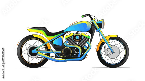 A vintage red and black chopper motorcycle vector illustration features chrome engine details and sport wheels isolated on a white background for fast road transport