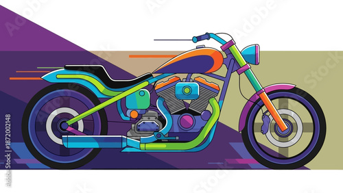 Vector illustration of a vintage red motorcycle and bike on the road featuring a chrome engine and black wheels for fast transport