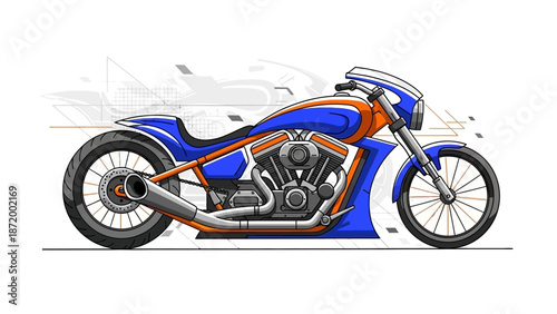 Isolated blue sport motorcycle bike with chrome engine and black wheels fast transport vehicle on white background