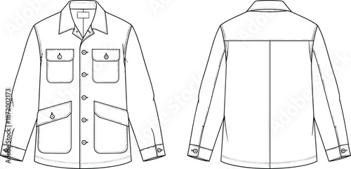 Utility jacket, fashion flat sketch, button front, flap pockets, collared design, vector template, garment construction, apparel CAD drawing, illustration