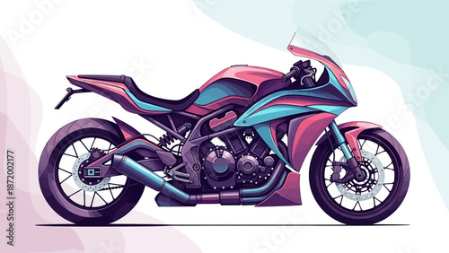 A fast red sport motorbike with chrome wheels is isolated on a white background and shown riding on the road as a powerful transportation vehicle for a biker