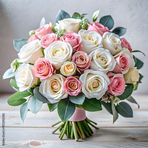 elegant bridal bouquet pink white roses eucalyptus
