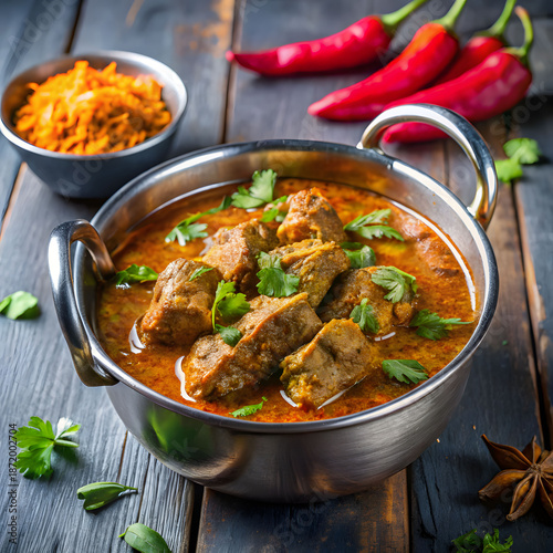 delicious spicy lamb curry in a metal bowl
