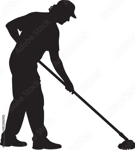Full length silhouette of male cleaning worker mopping floor isolated on white