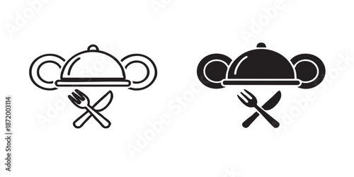 Catering vector icon, restaurant cloche and food service symbol, outline and filled style, clean black line and solid design, minimal flat icon, isolated on transparent background, suitable for UI, we