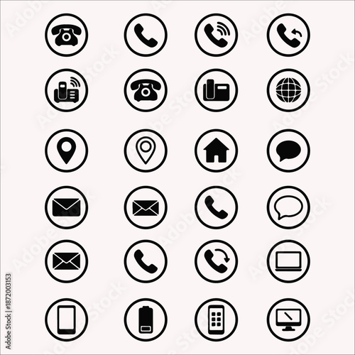 Communication and Contact Icon Set in Circle Style, Black Minimal icon