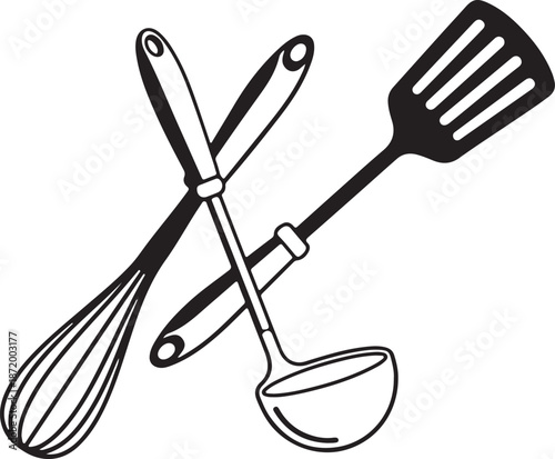Black and White Icon of Crossed Kitchen Utensils: Whisk, Ladle, and Spatula