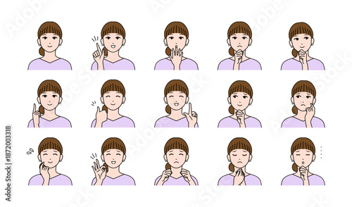 お団子頭の若い女性の様々表情バリエーションセット　ベクター