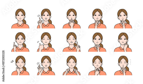 髪を結んだ若い女性の様々表情バリエーションセット　ベクター	