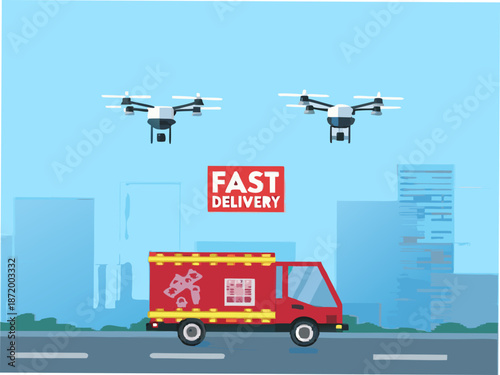Fast food delivery truck with drones flying overhead in city