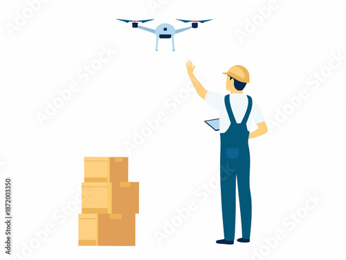 Man controlling drone for delivery with cardboard boxes nearby