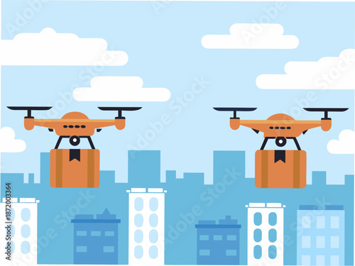 Modern drones delivering packages over cityscape with cloudy sky