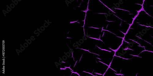 Abstract Purple crack wall design on black background. Realistic dark purple fire particle burn effect sparkles pattern.  Black marble texture and background for design pattern artwork.
