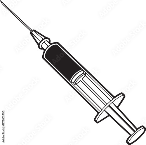 Syringe Icon Black and White Illustration - Medical Injection Vector Drawing