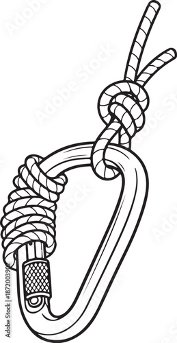 Vector illustration of climbing carabiner with safety rope and knot
