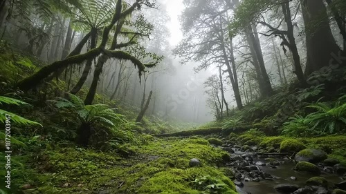 Misty Forest Floor with Lush Green Moss and Ferns.