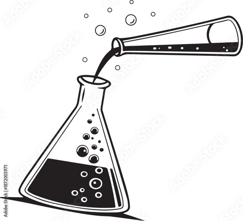 Laboratory chemistry reaction vector icon, liquid pouring and bubbling in flask