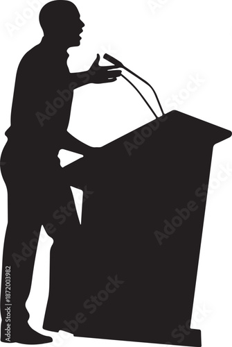 Black Silhouette of Man Giving Public Speech at Podium with Microphone