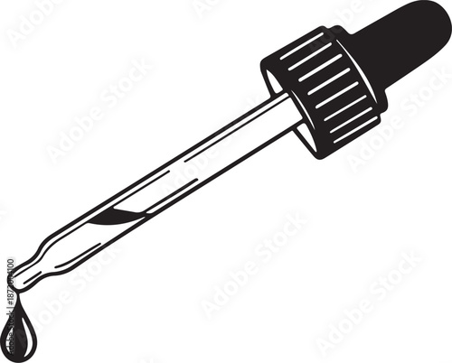 Dropper with Liquid Drop Black and White Line Art Illustration