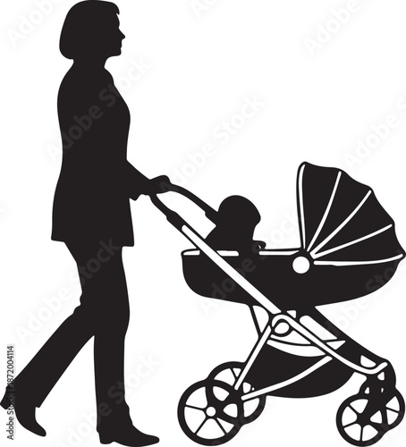 Black Silhouette of Mother Pushing Baby Stroller Pram Icon Vector Art