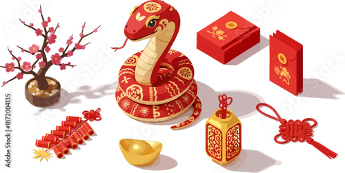 Snake statue with red decorations and festive items