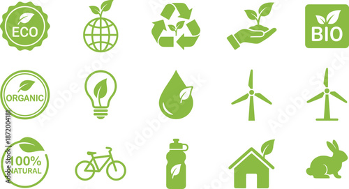 Eco sustainability and organic lifestyle icons set, recycling renewable energy, bio natural products, green living, environmental protection, flat vector illustration
