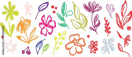 collection of hand-drawn, abstract floral elements created with a brush and ink style. 