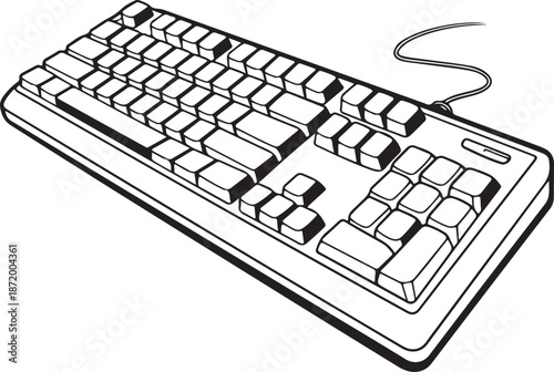 Black and White Line Drawing of a Wired Full-Size Computer Keyboard