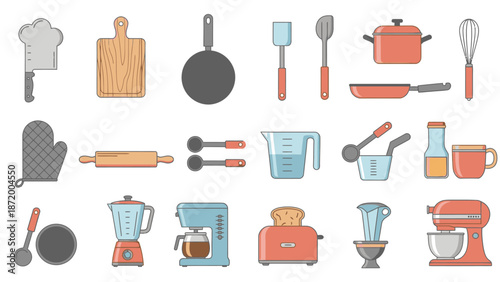 Flat lay of various kitchen utensils and appliances in a colorful, illustrative style against a clean white background.