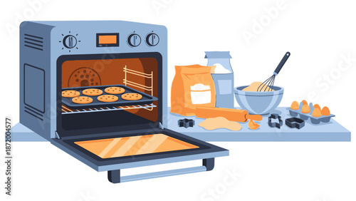 Illustration of an oven with a baking tray and various kitchen ingredients on the counter against a clean white background.