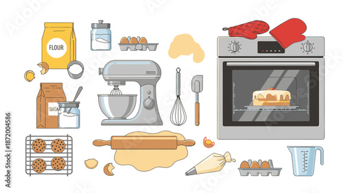 Flat lay composition of various kitchen utensils and baking ingredients on a clean white background with a pastel color palette.