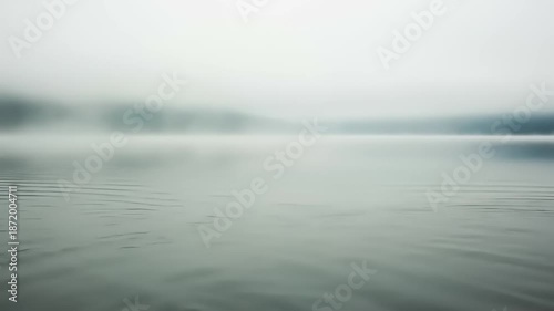 Misty Morning Over Calm Lake with Gentle Ripples and Distant Shoreline.