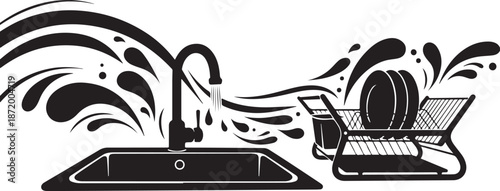 Black and white kitchen sink with clean dishes nearby