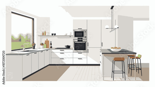 Modern kitchen interior with white cabinets, island, and bar stools, featuring a large window with a view of the outdoors.