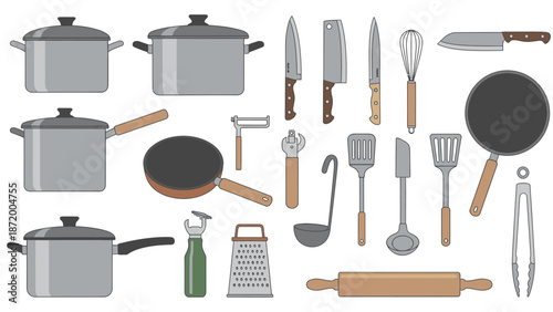 Flat lay of various kitchen utensils and cookware on a clean white background, including pots, pans, knives, and gadgets.