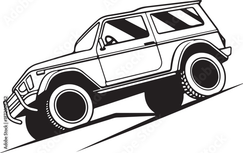 Rugged Off-Road 4x4 Vehicle Climbing Steep Hill Black and White Line Art