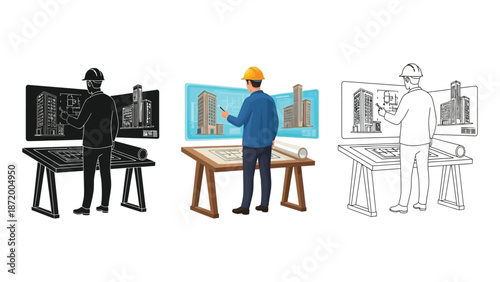 Architect or engineer reviewing city skyline blueprint at drafting table, silhouette, color illustration, and outline drawing