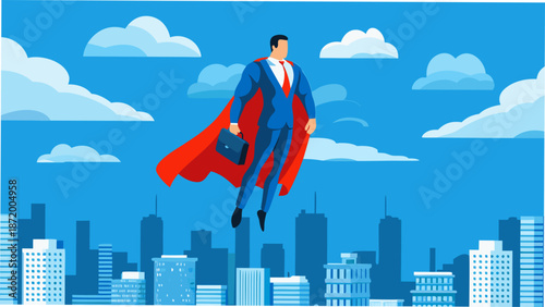 Confident businessman in superhero suit flying over cityscape