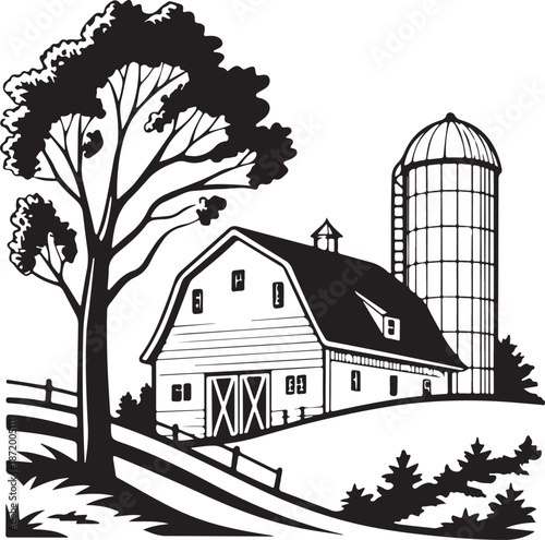 Traditional American Farm Scene Black and White Illustration with Barn and Silo