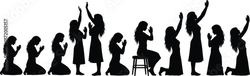 Silhouettes of Woman in Diverse Prayer and Worship Poses Depicting Spiritual Journey, Meditation, and Devotion for Faith-Based Concepts