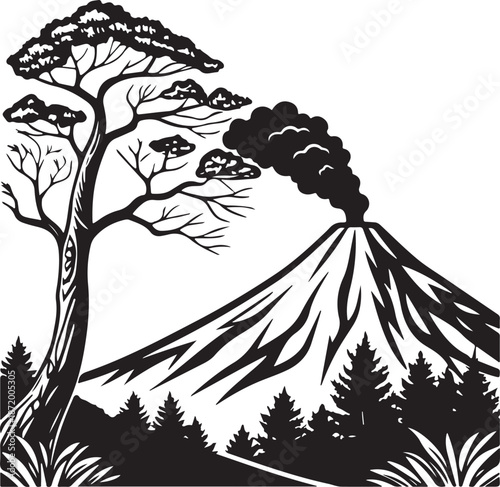 Nature Landscape Woodcut: Volcano Erupting Next to Tree Silhouette.