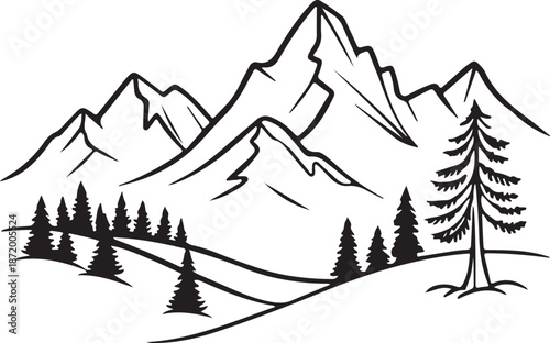 Minimalist Mountain Range Landscape Line Art with Pine Trees