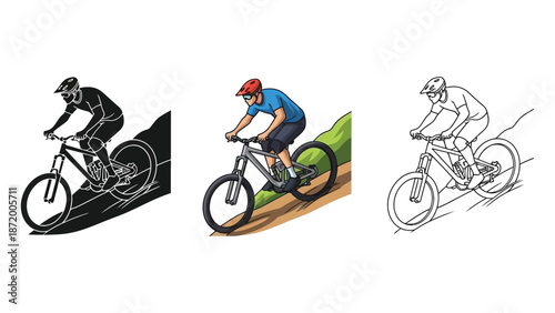 Mountain biker riding downhill, silhouette, color illustration, and sketch outline