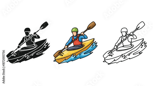 Person kayaking on water, solid silhouette, color illustration, and line art drawing