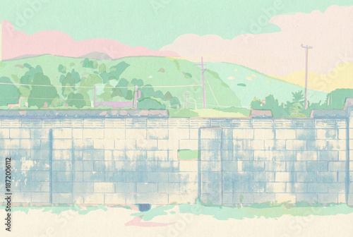 Dreamy pastel watercolor landscape of a stone wall and green hills. Perfect for peaceful posters and minimalist art.