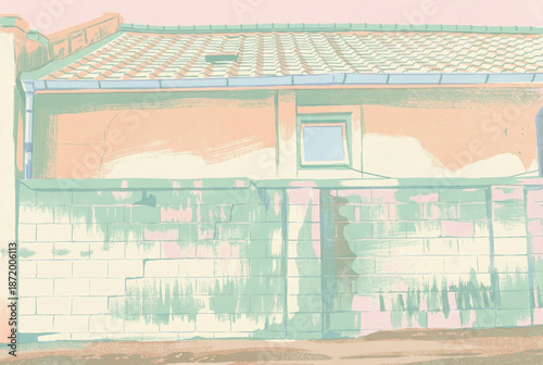 Artistic illustration of a traditional house wall with a tiled roof in pastel pink and mint tones. Perfect for minimalist interior posters.