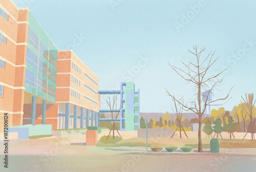 Modern university campus building illustration for educational posters.